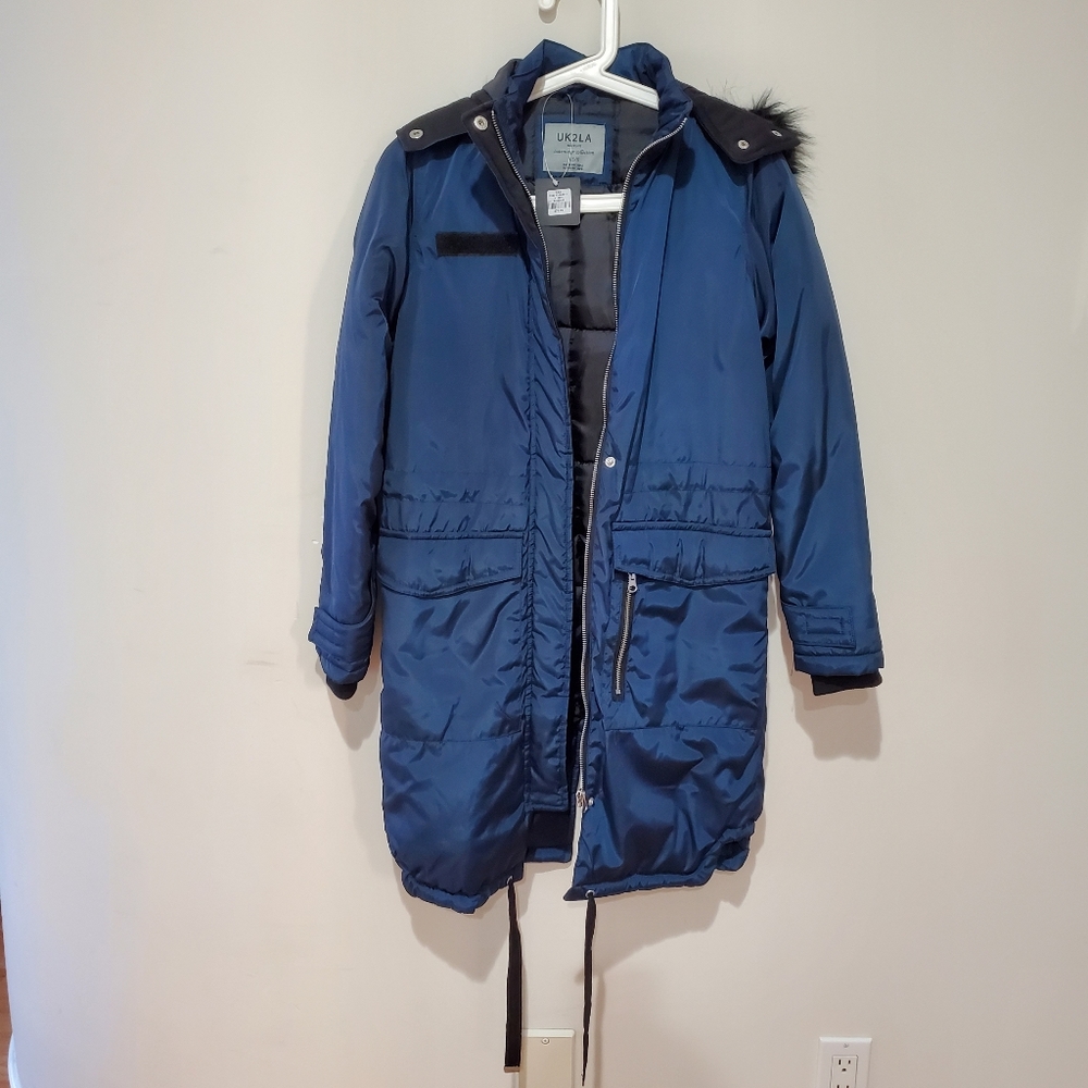 BNWT UK2LA dark blue navy fur trim hood fall autumn winter jacket coat xs